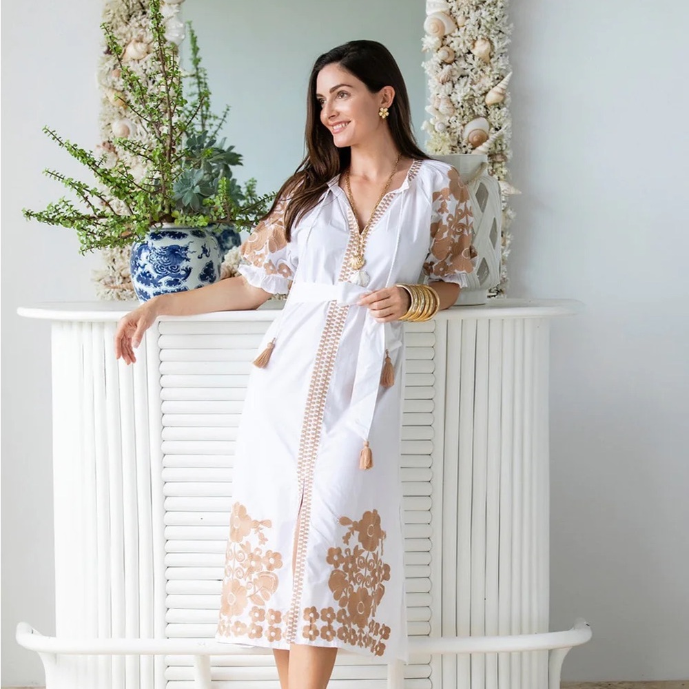Julia Amory Short Sleeve Coatue Caftan Camel Embroidered Midi Dress - Picture 2 of 11